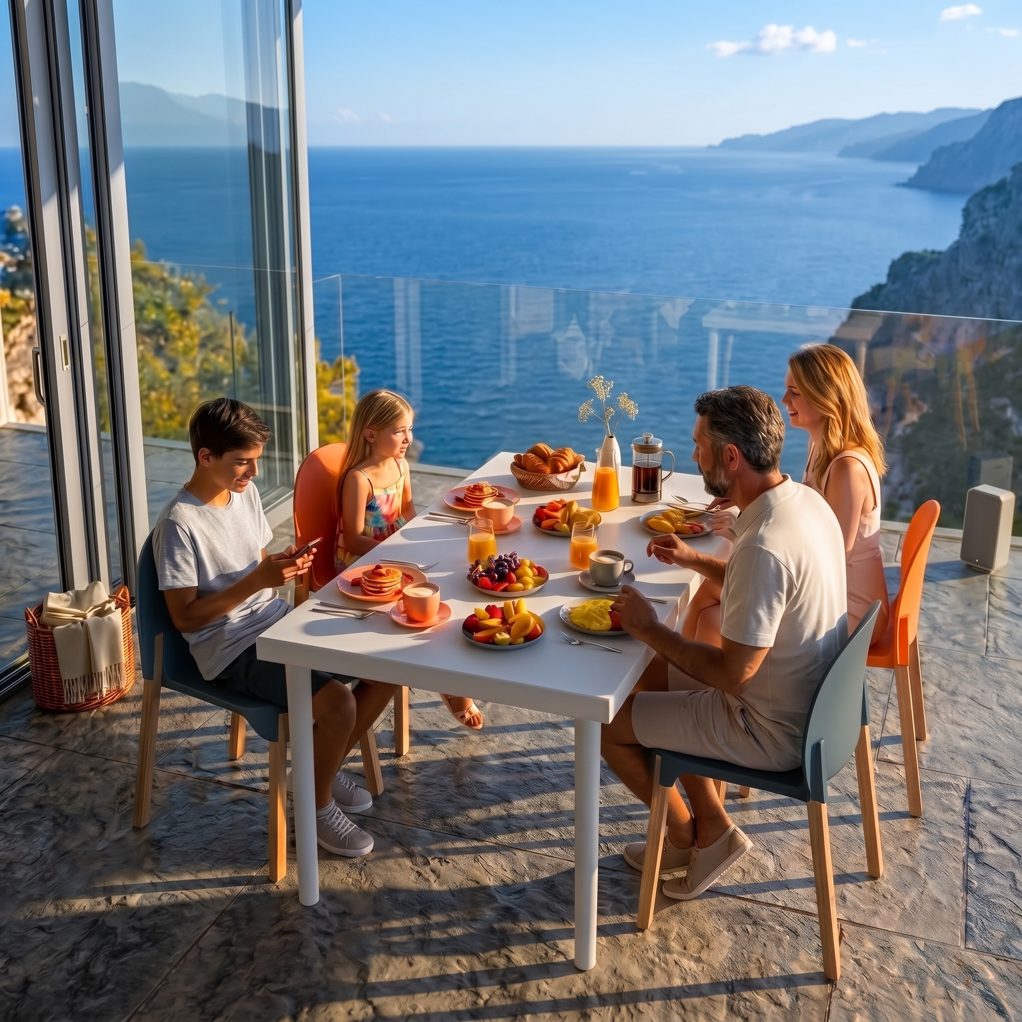 Familia en terraza con mobiliario Sentosa Home